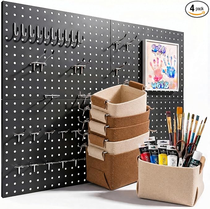 Spampur Peg Board, 4 Pack Metal Pegboard Wall Organizer with Accessories | Black Pegboard Panels with 50 Pcs Hooks and Baskets, Wall Organizer for Office, Craft Room Organization, Garage, Sewing Room