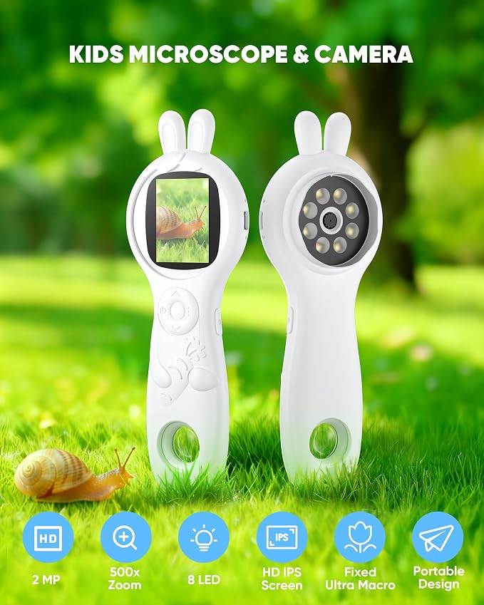 Microscope for Kids, Portable Digital Microscope with 500X Magnifying Glass, Handheld Camera Mini Pocket Magnification, Educational Christmas Birthday Gifts for Ages 4 5 6 7 8 9 10 11 12
