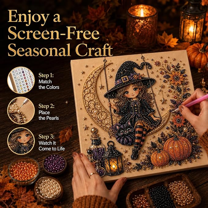 Halloween Pearl Art Kit for Adults, DIY Fall Craft (Witch) | Create textured Halloween decor through a screen-free, beginner-friendly craft activity.