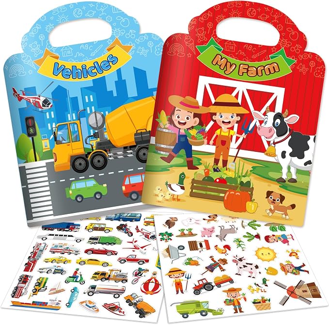 2 Sets Reusable Sticker Books for Toddler 1-3, Activity Books for Toddlers 2-4, Arts Crafts Jelly Stickers Travel Toys for Kids 3-5, Holiday and Birthday Gifts Easter Basket Stuffers for Boys Girls