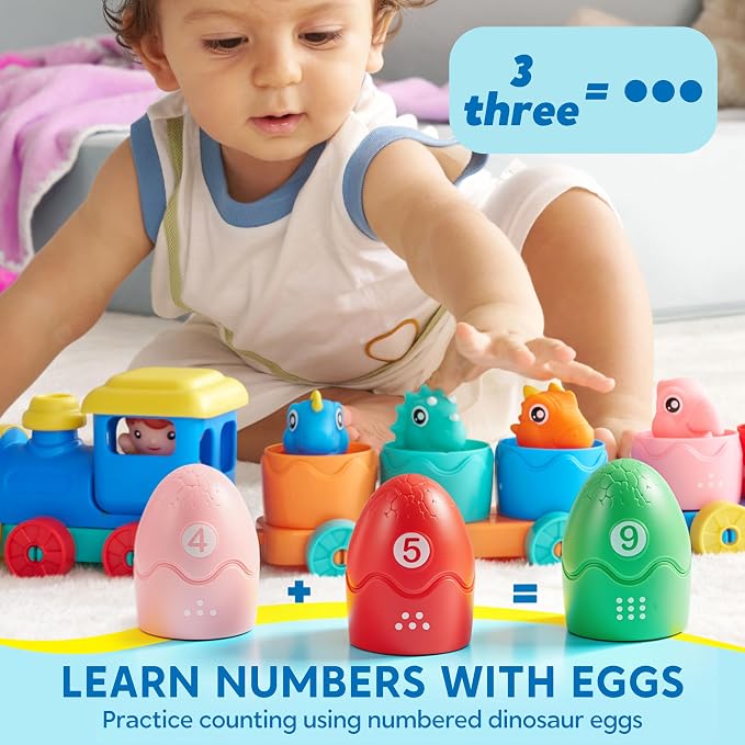 Play-Act Learning Toys for 1 2 3 Years Old, Counting, Matching & Sorting Montessori Learning Dinosaur Train Including 9 Dinosaurs, Birthday Gift for Baby Boys Girls