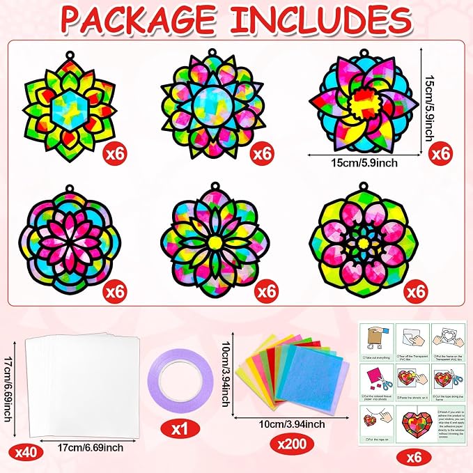 Qyeahkj 36 Set Mandala Suncatchers Crafts for Kids DIY Mandala Window Tissue Paper Craft Kit Art Flower Hanging Decor for Summer Home Activity Art Project Birthday Party Favor Gift