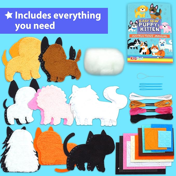 KRAFUN Puppy & Kitten Sewing Kit for Kids Ages 6+ | 8 Dolls | Sew 8 dog & cat stuffed dolls. Instructions & felt included. Great beginner gift for girls & boys learning to sew
