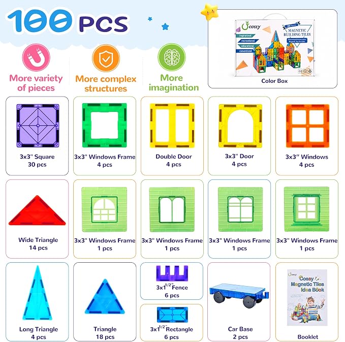 cossy 100 Pcs Magnetic Tiles Magnet 3D Building Blocks Set, Educational Construction Toys for 3+ Year Kids with Magnet Tiles, Educational,Recreational, Conventional