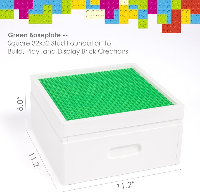 UTEX Buildable Cubby Storage with Baseplate Lid Compatible with Lego | Wooden Building Blocks Organizer, 3 Removable Sorting Compartments, Compact & Portable, Bricks Storage Box, White