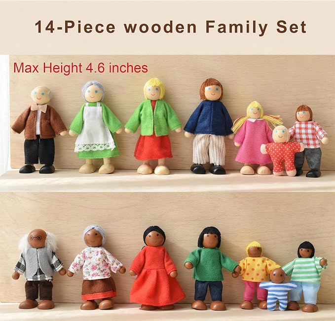 14 Pcs Wooden Dollhouse People Figures, Poseable Wooden Dolls for Girls and Toddlers, Multicultural Pretend Play Toy