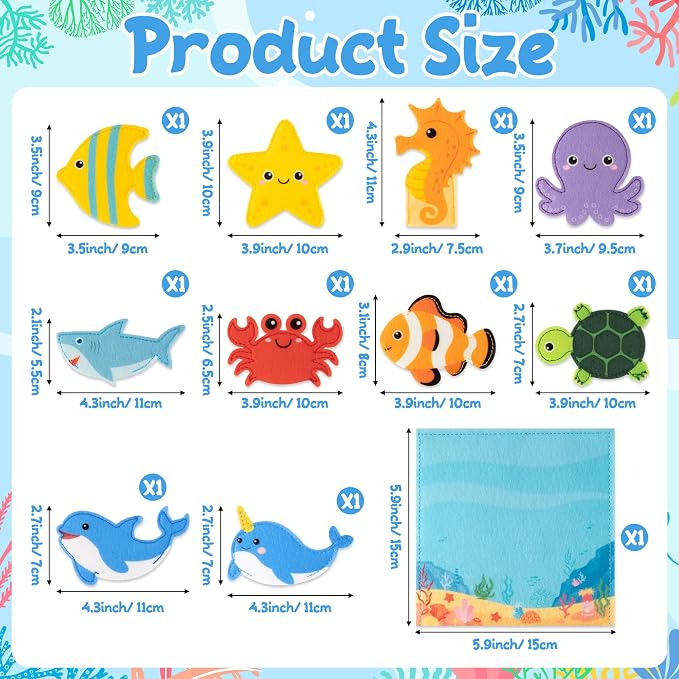 COcnny Sea Animal Finger Puppets - 11pcs Ocean Animal Felt Finger Puppet with Under The Sea Bag Set Making Crafts Kit for Kids, Make Your Own Story Telling Toys, Role Play for Boy Girl Toddle Age 3-8