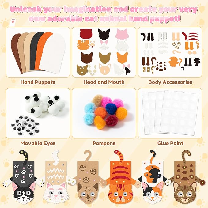 WATINC Hand Puppet Making Kit, Felt Sock Puppet Toys for Kids (Cat B) | 6 Styles, Make Your Own Storytelling & Role Play Crafts, Creative Group Activity, Party Favors & Gifts for Kids Ages 4-8