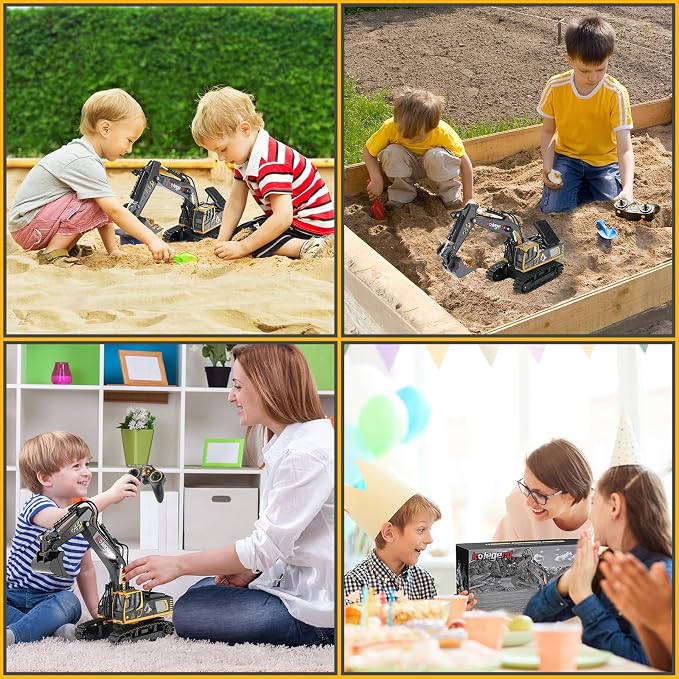 1:18 Scale RC Excavator Toy with Metal Shovel, 11 Channels Remote Control Construction Truck, Real Digging on Dirt & Sand 2 Rechargeable Batteries Gift for Boys Girls Kids 6-12 Years Old