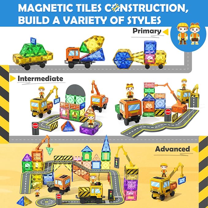 Soyee 102 PCS Magnetic Tiles with 2 Cars & 2 Cranes | Magnet Construction Building Kids Toys for Creative Play and STEM Learning Boys Toys & Gifts for 3-12