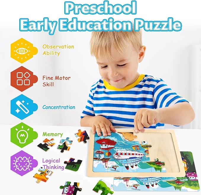 Wooden Puzzles for Kids Ages 3-5, 4 Packs Puzzles for Kids Ages 4-6,Vehicle | 24-Piece, Truck, Vehicle, Wood Jigsaw Puzzles for Toddlers 3-5,Preschool Educational Toys, Gifts for Children Ages 4-8 Boys