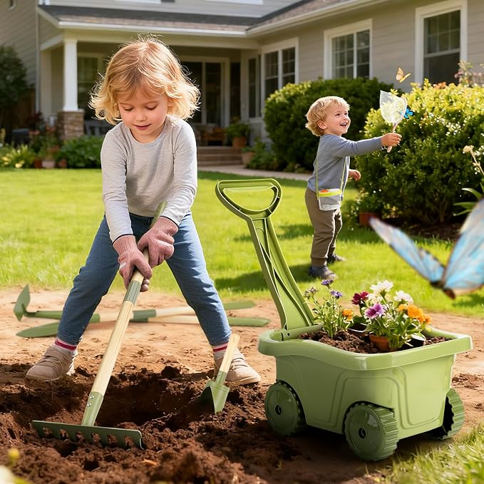 Dreamon Kids Gardening Set, 14Pcs Kids Gardening Tool with Bug Catching Kit | 2-in-1 Outdoor Toys with Wheelbarrow and Bug House, STEM Educational Toys for 3 4 5 Year Old Girls Boys Birthday Gifts, Green