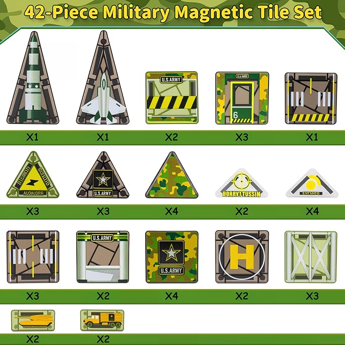 Magnetic Tiles,42PCS Magnetic Building Blocks with Metal Storage Box,Magnet Tiles for Kids Ages 3+,Magnet Tile for Boys & Girls(Military)