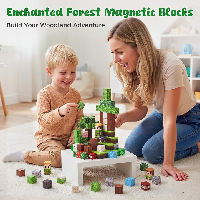 3 otters 150PCS Magnetic Blocks, with a Storage Bag, Forest Explorer | Sensory Stacking Toy for Kids, Stem Learning, Preschool, Classroom, Screenless Activities, and Birthday Gifts