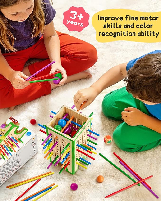 Montessori Wooden Board Game Ages 4-8 Fine Motor Toy | Water-Based Paint, Smooth Finished Edges, Family Night, Color Matching, 12 Balls, Storage bag, Ideal Gift