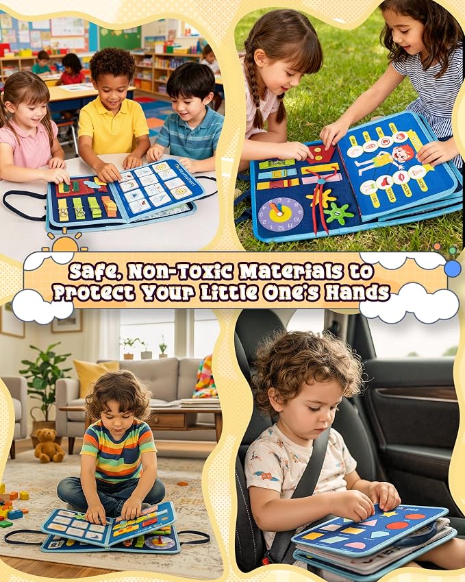 Montessori Busy Board for Toddlers, 8-Page Sensory Activity Book for Fine Motor Skills & Basic Dress Learning, Portable Travel Toy for Preschool Kids, Birthday Gift for Boys and Girls