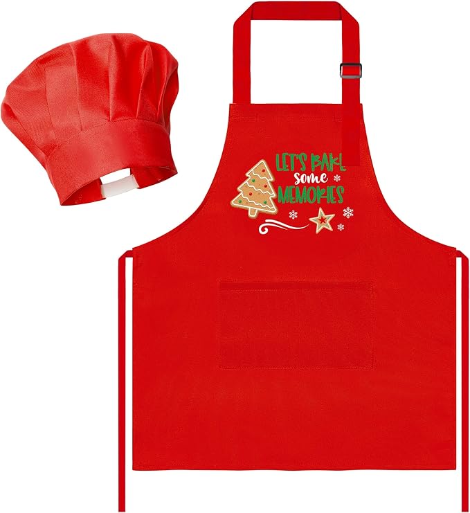 R HORSE 2 Pieces Christmas Kid Apron and Chef Hat Set, Pretend Play Toy | Xmas Red Adjustable Children Kitchen Apron, Ideal for Cooking, Baking, Painting, Birthday Christmas Gift