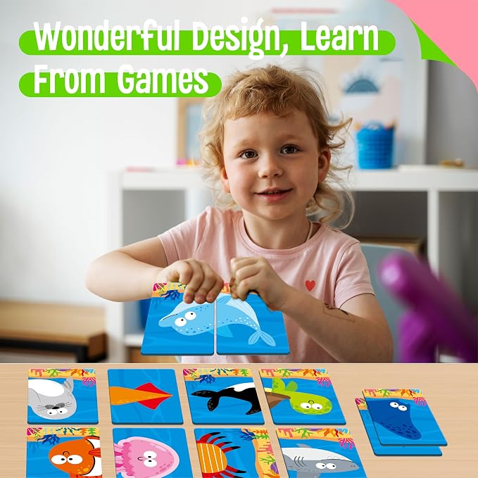 SpriteGru Marine Animal Memory Game, 28 Chunky Cards Sea Animals Head Tail Matching Game 1-5 Players Underwater Creatures Memory Matching Game for Preschoolers, Toddlers, Kids