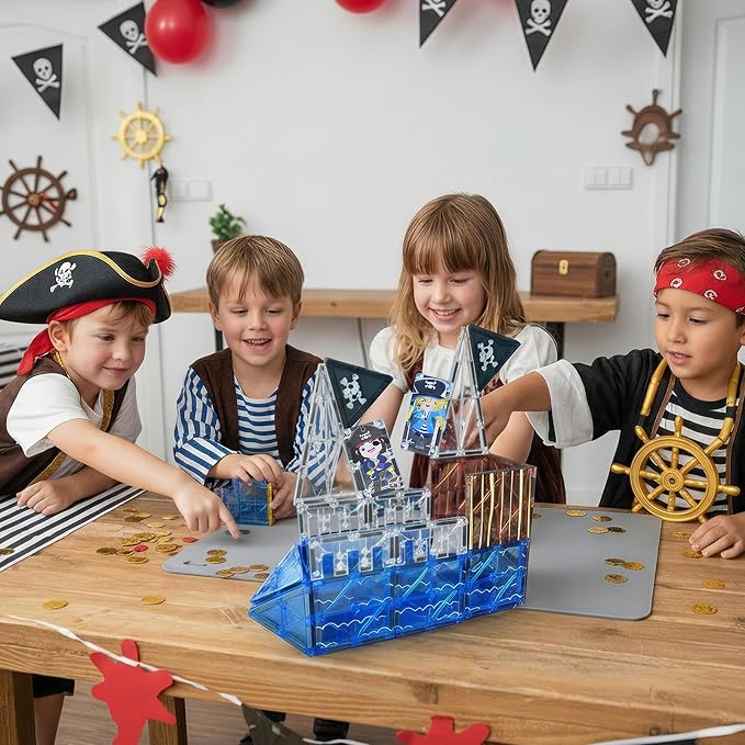 Bmag Magnetic Tiles for Kids,32 PCS Pirate Set with 3D Magnet Building Blocks, STEM Educational Toys for Preschool Learning, Gift for Boys & Girls Age 3 4 5+