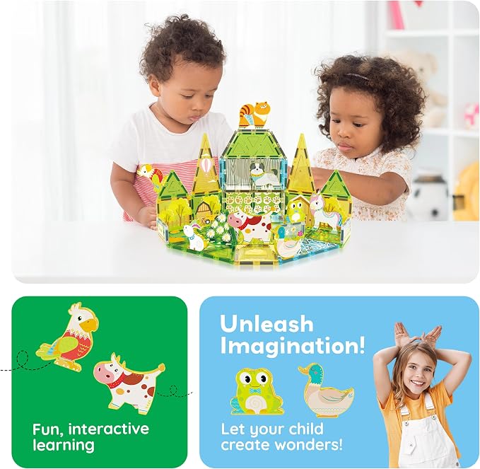 PicassoTiles 26 Piece Magnetic Tiles, Fall Farm Set with 8 Animals, Ages 3+ | 18 printed autumnal designs, rabbit, duck, parrot, frog, unicorn, cat, cow, dog, BPA-free, full-size compatibility, STEM play