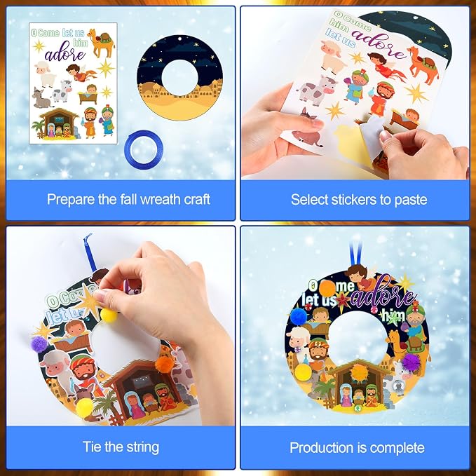 Hollowfly 48 Set Christmas Nativity DIY Wreath Craft Kits Xmas Activities | 8 Unique Jesus Nativity Scene Designs, Ideal Holy Night Decor, Sunday School Crafts & Christmas Religious Party Favors