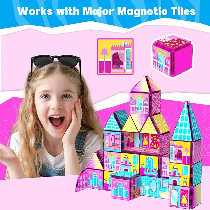 Magnetic Tiles 52PCS Magnetic Building Blocks for Kids Ages 3-5 4-8, STEM Montessori Preschool Classroom Must Haves, Toddler Sensory Educational Toys for Boys Girls, Christmas Birthday Gift(Pink)