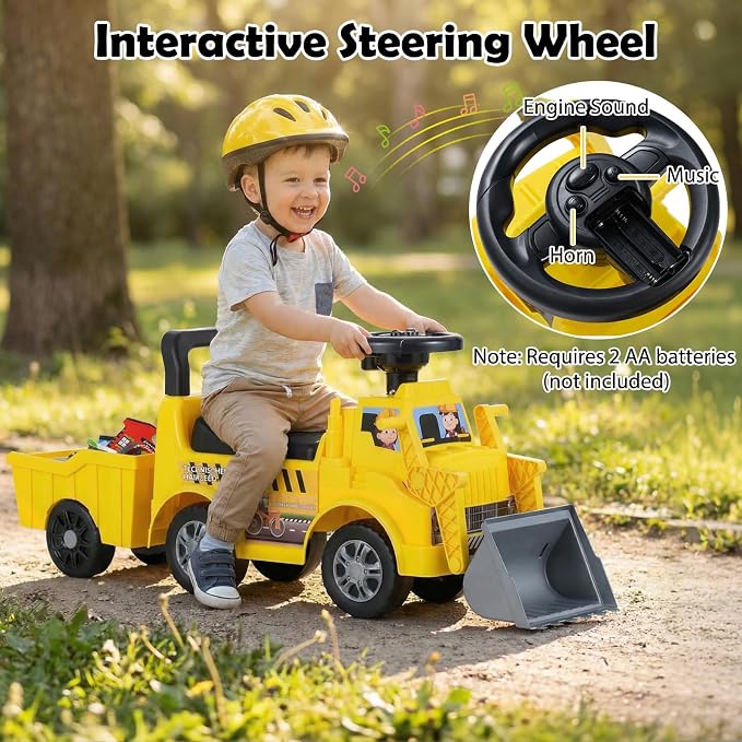 HONEY JOY Ride On Tractor with Trailer, Kids Excavator Bulldozer with Shovel, Seat Storage, Engine Sound, Music, Manual Control Bucket, Ride On Construction Vehicle for Toddlers Boys Girls, Yellow
