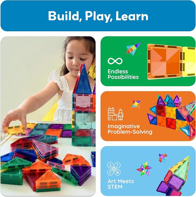 PicassoTiles 60 pcs Mini Magnetic Tiles Magnet Toys Travel-Friendly On-The-Go Building Blocks for Kids Compact Lightweight Creative playset Preschool Montessori Early Learning STEM Kids Toy Ages 3+.