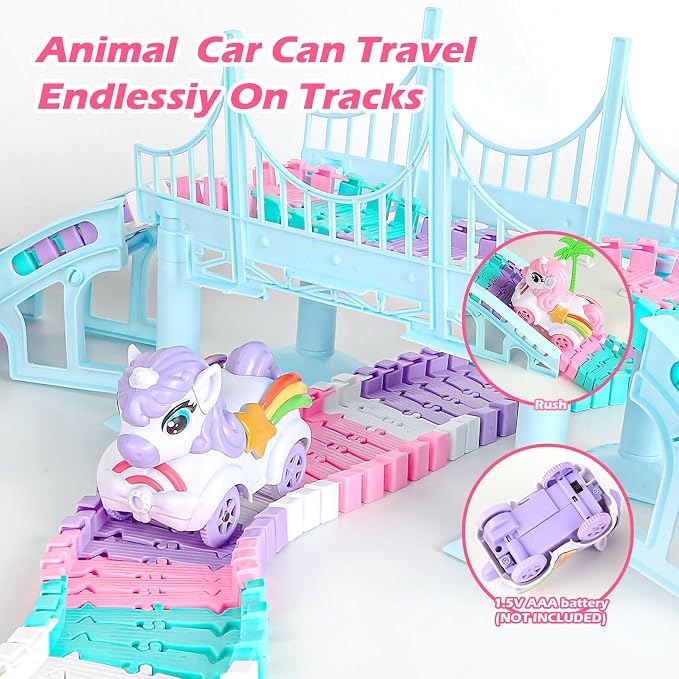 Coroiesty 268 PCS Unicorn Race Tracks for Kids Toys, Flexible DIY Track Set | Glow in The Dark Magic Toy Set, 2 Unicorn Cars Track, Birthday Gift for Age 3-9 Boys Toddler Girls
