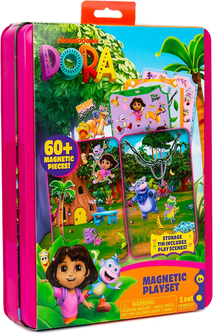 Dora Magnetic Playset, 75 Characters & Accessories, Reusable Storage Tin and Play Scene, Fun Toddler Toys, Mess Free Airplane Toy, Travel Games & Road Trip Essentials, 4 Year Old Girl Birthday Gifts