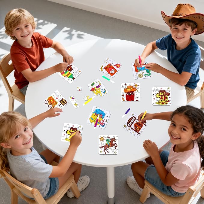 Western Cowboy Coloring Jigsaw Puzzle for Kids-DIY Horse Craft Party Favors | 24 Sets Color Your Own Crafts Blank puzzles, Fall Classroom Gift for Toddlers & Adults Birthday Game toy Supplies Arts Bulk