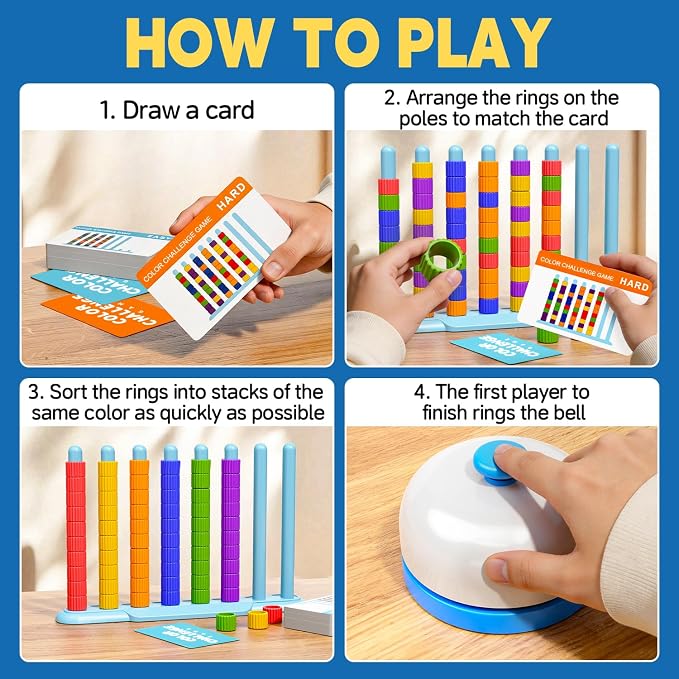 Color Challenge Game – 2 Pack Color Matching Puzzle Game for Family Game Night and Party, Board Game for Kids 6-8-12, Adults, Stacking Game with 2 Stack Racks, 100 Cards, 120 Rings, Bell, Storage Bag‌