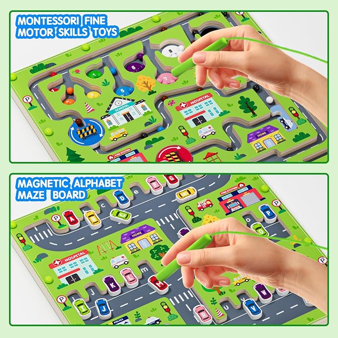 rifamee 2 in 1 Magnetic Color and Number Maze Magnet Alphabet Counting Double Sided Board Wood Puzzle Fine Motor Skills Montessori Preschool Toys Gifts for Boys and Girls 3-5 Age (Big Car, One Size)