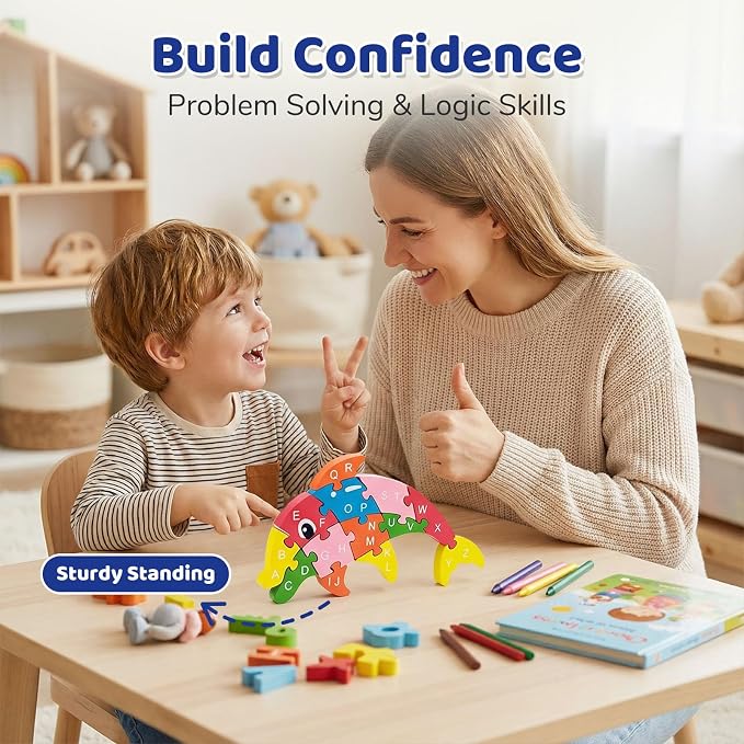 LovesTown Puzzle for Kids, Wooden, 3D Dolphin Shape | for Ages 3-5, Double-Sided, Alphabet Recognition, Number Counting, Fine Motor Skills, Montessori Learning Gifts
