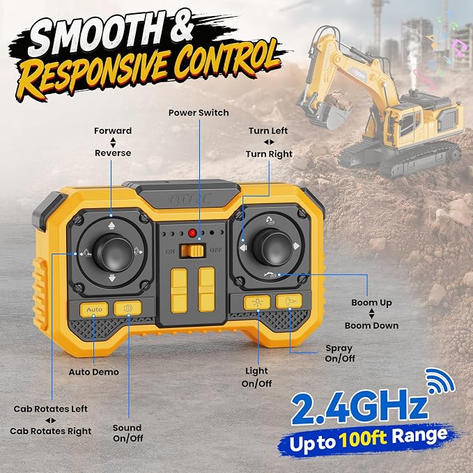 Remote Control Excavator Toy for Boys, 2.4GHz RC Excavator Toys with Metal Bucket, 12-Channel Construction Vehicle with Mist/Lights/Sound, 2x1200mAh Batteries, STEM Birthday Gift for Kids 3-12