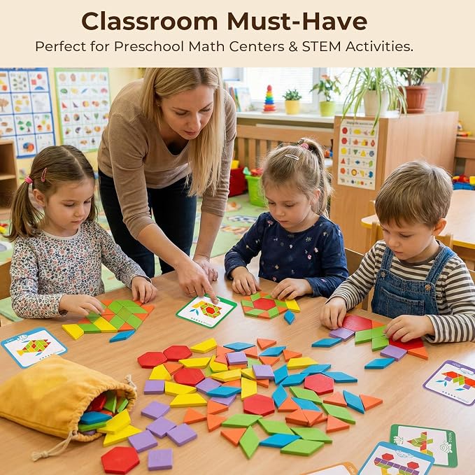 LovesTown 209 PCS Shapes Wooden Pattern Blocks for Kids | Geometric with Activity Cards, Storage Bag, Educational Tangram Puzzles, Great Learning Gift
