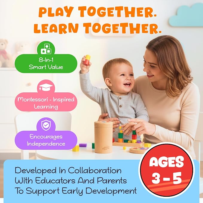 8-in-1 Busy Hands Fine Motor Skills Toys Kit for Toddler, Montessori Toys Set for 3+ Years Old, Learning & Education Toys, Color Shape Sorter, Stacking Toys, STEM, Wooden Toys