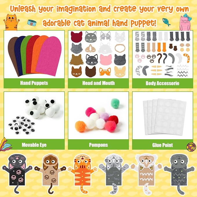 WATINC Hand Puppet Making Kit, Felt Sock Puppet Toys for Kids (Cat A) | 6 Styles, Make Your Own Storytelling & Role Play Crafts, Creative Group Activity, Party Favors & Gifts for Kids Ages 4-8