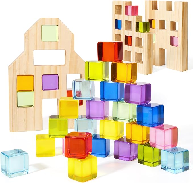 Woodtoe 36 PCS Rainbow Acrylic Gem Blocks, Wooden Blocks for Kids Ages 3-6 | Montessori Stacking Toy, Educational STEM Activity, Creative Construction Play, Includes 3 Wood House, Gift for Boys Girls