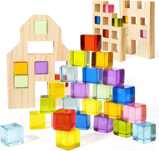 Woodtoe 36 PCS Rainbow Acrylic Gem Blocks, Wooden Blocks for Kids Ages 3-6 | Montessori Stacking Toy, Educational STEM Activity, Creative Construction Play, Includes 3 Wood House, Gift for Boys Girls