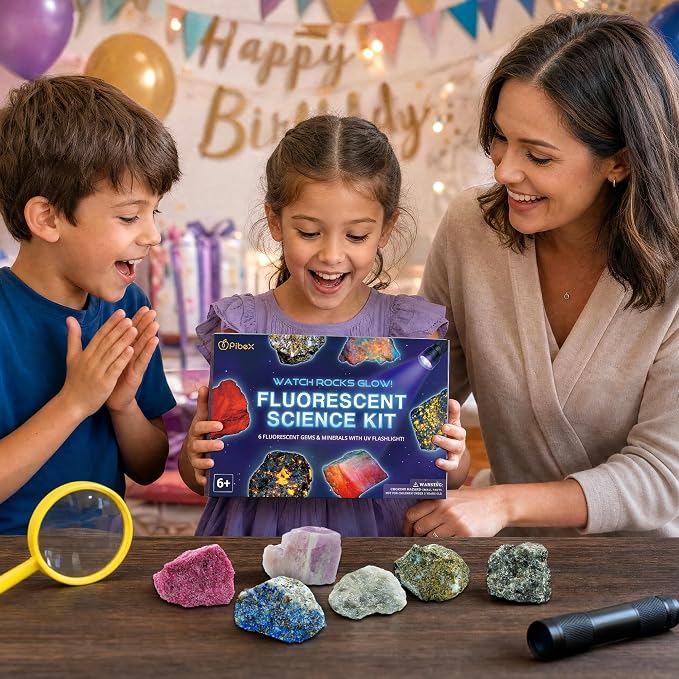 PIBEX Fluorescent Rock Science Kit, 6 Glowing Rocks, with UV Flashlight | 365nm UV Reactive Minerals ~1.5" Each, Fluorescence Experiment, Light-up Science Toy, STEM Geology Gift for Kids Ages 6-8-12