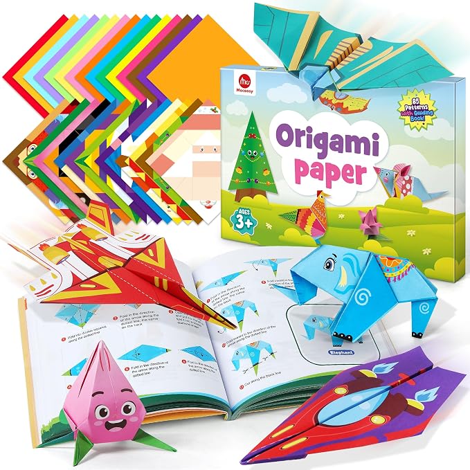 Mocoosy 320 Sheets Origami Kit for Kids Ages 5-8 9-12, Folding Paper Set with Origami Book & Paper Airplane, DIY Art Craft Project for Boys Girls, Travel Game Airplane Car Road Trip Activity Toy Gift