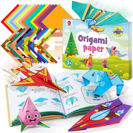 Mocoosy 320 Sheets Origami Kit for Kids Ages 5-8 9-12, Folding Paper Set with Origami Book & Paper Airplane, DIY Art Craft Project for Boys Girls, Travel Game Airplane Car Road Trip Activity Toy Gift