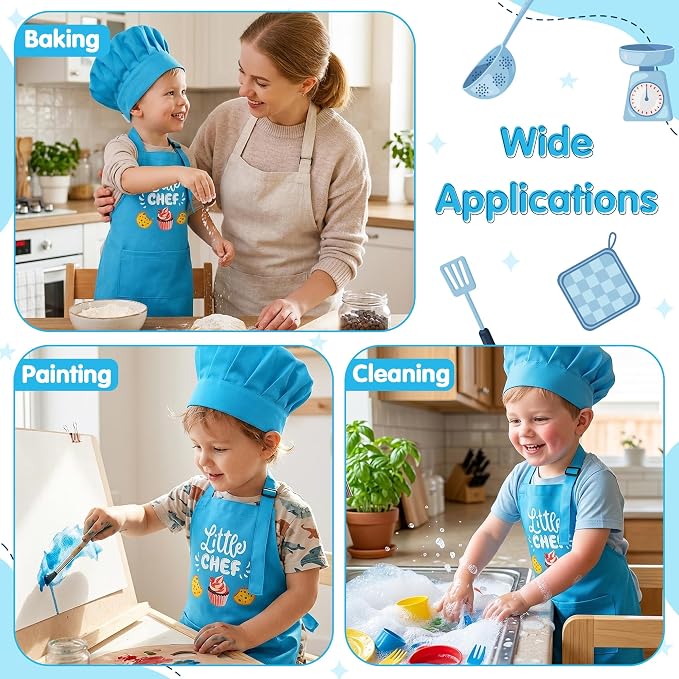 R HORSE 2 Pieces Kid Apron and Chef Hat Set, Dress up Role Play Chef Toy | Small Size, Adjustable, Little Chef Blue Kitchen Apron, Ideal for Cooking, Baking, Painting, Kid Funny Birthday Cooking Gift