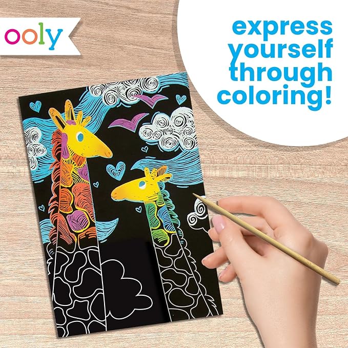 Ooly Scratch & Scribble Art Kit, 8 Cards, Sticker Sheet – Colorful Safari | Ages 6+, Wooden Stylus and Stickers Included, Screen-Free Portable Car and Airplane Travel Activity, Gift for Kids