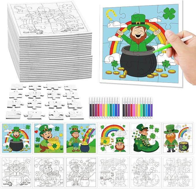 Fennoral 24 Pack St Patrick's Day Craft Kit for Kids Color You Own St Patrick's Day Jigsaw Puzzle DIY Coloring Art and Craft for Irish Classroom Art Activity Patrick's Party Favor Supplies