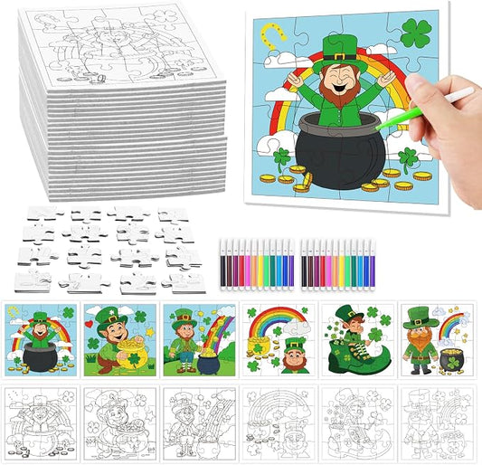 Fennoral 24 Pack St Patrick's Day Craft Kit for Kids Color You Own St Patrick's Day Jigsaw Puzzle DIY Coloring Art and Craft for Irish Classroom Art Activity Patrick's Party Favor Supplies
