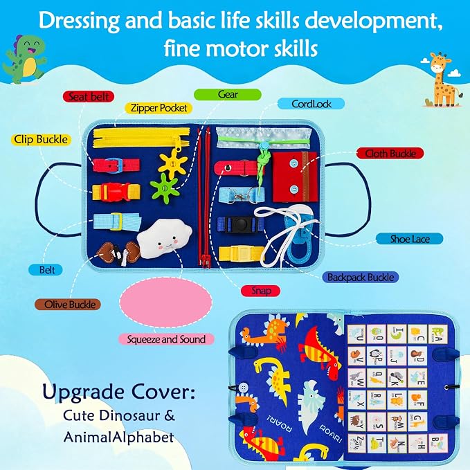 Montessori Busy Board for Toddlers – Sensory Busy Book with Buckles, Zippers, Letters, Animals, Toddler Activities – Fine Motor Skills Development Learning for Boys Girls Travel Activity