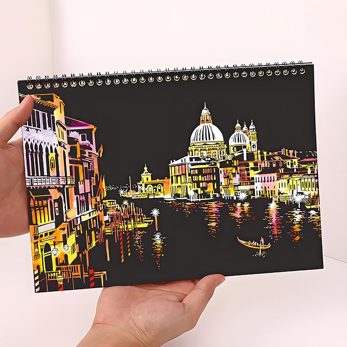 10-Board Scratch Art Book for Adults, Rainbow Cityscape Kit with Tools | Scratch art tools reveal 10 rainbow cityscapes for screen-free tabletop entertainment at home, during travel or with friends.