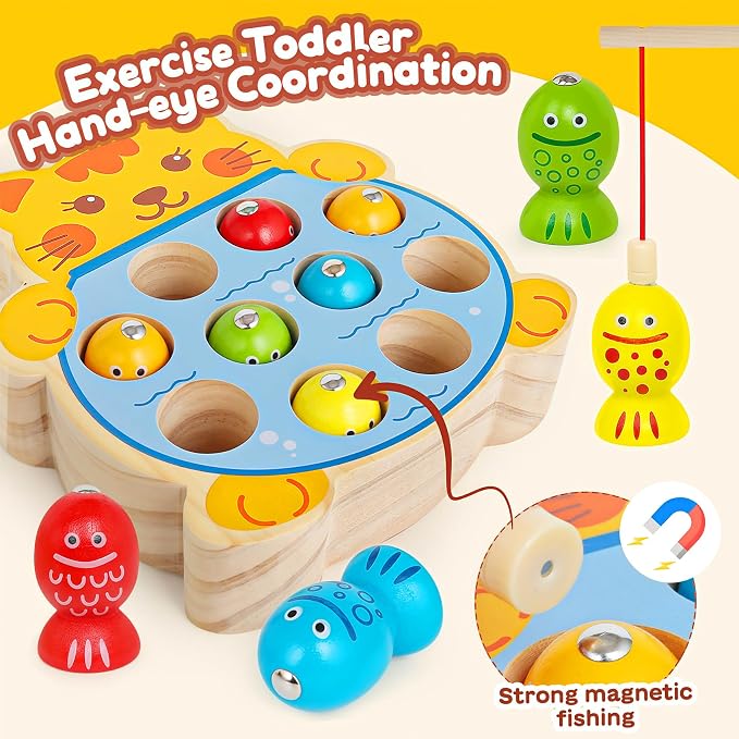 Montessori Wooden Magnetic Fishing Game for Kids 3+ | Wood Fishing Toy Early Learning Fine Motor Skills,Hand-eye Coordination,Birthday Gift for Boys and Girls.